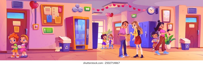 Valentine day holiday in school - education building hall interior decorated with heart flags and balloons, happy smiling children give each other card and invite for walk. Cartoon vector illustration