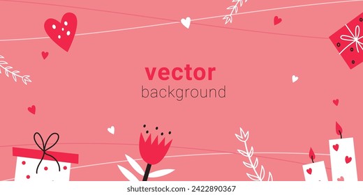 Valentine Day horizontal template with gift box, flowers and heart. Vector illustration for banner design on pink background