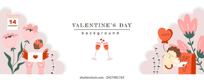 Valentine Day horizontal web banner. Love letters, pink flower bouquets, wineglasses cheers, cupid with balloon and hearts. Vector illustration for header website, cover templates in modern design