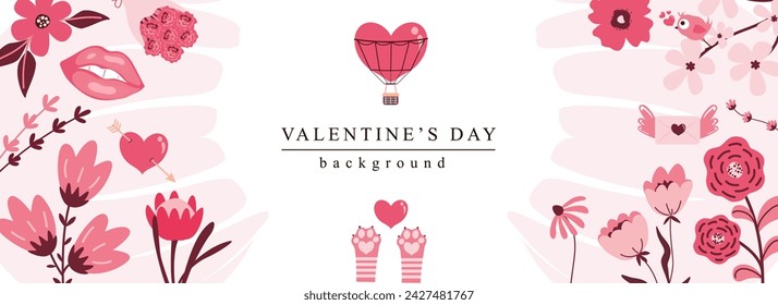 Valentine Day horizontal web banner. Abstract pink flowers and bouquets, kiss lips, paw, romantic letters, gifts and hearts. Vector illustration for header website, cover templates in modern design