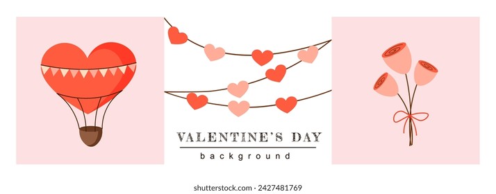 Banner web horizontal de San Valentín. Globo de aire caliente con forma de corazón, guirnalda romántica para fiesta y ramo de flores de rosa. Ilustración vectorial para sitio web de cabecera, plantillas de portada en diseño moderno