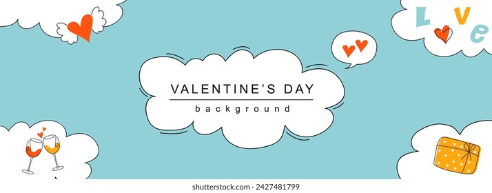 Valentine Day horizontal web banner. Wing heart, wineglasses cheers, holiday gift, love and heart on cloudy blue background. Vector illustration for header website, cover templates in modern design