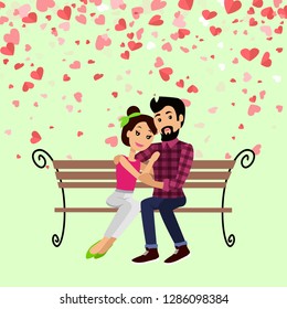 Valentine day hugging man and woman sitting on bench vector. Postcard decorated by red hearts, boyfriend embracing girlfriend. Fondness between people
