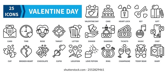 Conjunto de colección de icono de San Valentín. Contiene día de San Valentín, pastel, regalo, tarjeta, rosa, chocolate, cupido, cena, icono de diamante. Vector de contorno negro simple.