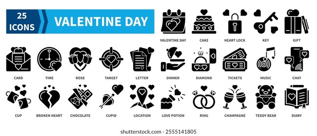 Valentine Day icon collection set. Containing valentine day, cake, gift, card, rose, chocolate, cupid, dinner, diamond icon. Simple black fill vector.