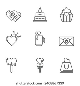 Valentine day icon design vector symbol set including chocolate love, cake, cup cake, romantic music, coffee, love letter, ice cream, lollipop, shopping
