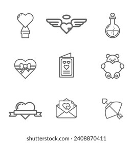Valentine day icon design vector symbol set including hot air ballon, angel, love poison, gift, card, teddy bear, love letter, love arrow
