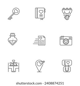 Valentine day icon design vector symbol set including love key, album, roses, parfume,  camera, date, location, map, letter