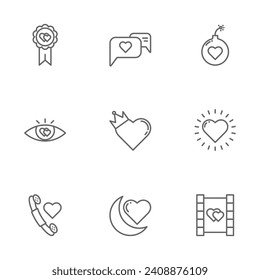 Icono de San Valentín diseño conjunto de símbolos vectoriales que incluye insignia, chat, bomba, llamada, amor rey, luz, ojo, mes de amor, cine 