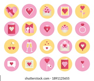 Valentine day icon set bundle. Colorful festive lovely icons for St Valentine's Day fest. Minimal design flat style vector illustration. Pink, red, white and yellow color scheme palette.