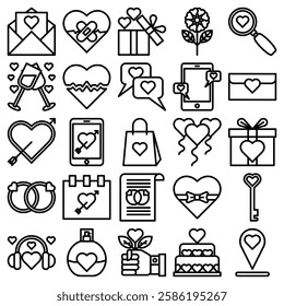 Valentine Day Icon Set in Outline Style. Line Art