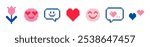 Valentine day icon set. Pixel art. Naive childish design. 14 February vector elements. I love U, heart, smiling face, speech bubble. Abstract geometric simple pattern. Y2k playful pixels stickers