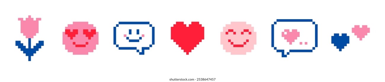 Valentine day icon set. Pixel art. Naive childish design. 14 February vector elements. I love U, heart, smiling face, speech bubble. Abstract geometric simple pattern. Y2k playful pixels stickers