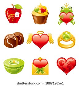 Icono de San Valentín. Conjunto de amor plano vectorial. Ilustración cardíaca. Diseño de fecha de febrero para etiqueta de regalo, invitación de boda, tarjeta de saludo. Dibujo de San Valentín con quequitos, anillos, ranas