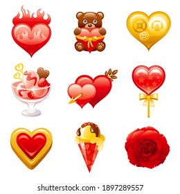 Icono de San Valentín. Conjunto de amor plano vectorial. Ilustración cardíaca. Diseño de fecha de febrero para etiqueta de regalo, invitación de boda, tarjeta de saludo. Dibujo de San Valentín con juguete de oso, rosa, corazón