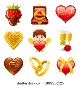 Icono de San Valentín. Conjunto de amor plano vectorial. Ilustración cardíaca. Diseño de fecha de febrero para la etiqueta de regalo, invitación de boda, tarjeta. Dibujo de arte de San Valentín con cupido, taquilla, champán