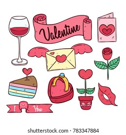 valentine day icons collection with colored doodle art