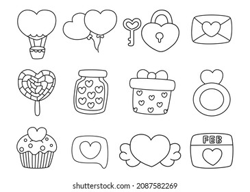 Valentine day icons set black and white line isolated on white background. vector Illustration.