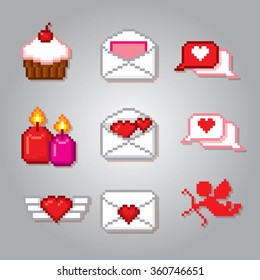 Valentine day icons set. Pixel art. Old school computer graphic style.