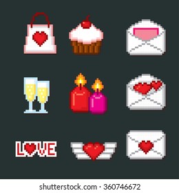 Valentine day icons set. Pixel art. Old school computer graphic style.