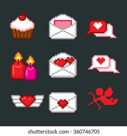 Valentine day icons set. Pixel art. Old school computer graphic style.