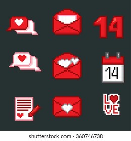 Valentine day icons set. Pixel art. Old school computer graphic style.