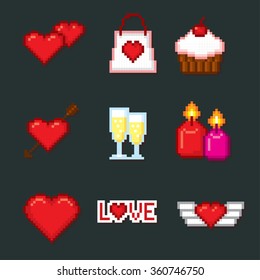 Valentine day icons set. Pixel art. Old school computer graphic style.
