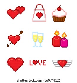 Valentine day icons set. Pixel art. Old school computer graphic style.