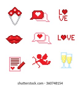 Valentine day icons set. Pixel art. Old school computer graphic style.