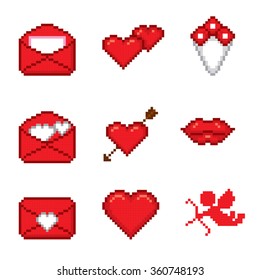 Valentine day icons set. Pixel art. Old school computer graphic style.