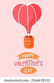 Valentine Day illustration with heart-shaped hot air balloon and hand drawn text. For greeting cards, social media posts, or romantic-themed decorations