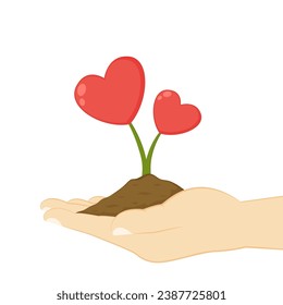 Valentine Day illustration on white color background. Sharing woman hand give red shape heart with word love. Flat style romantic design of love heart for Valentine greeting card.