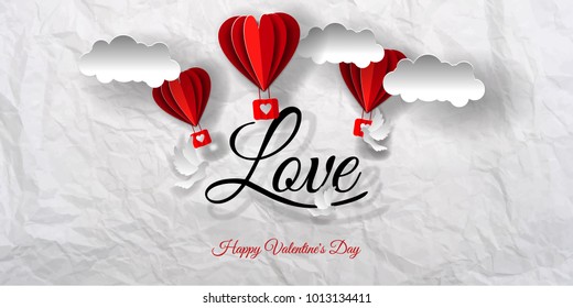 Valentine day illustration. Paper  cut clouds, pigeons and balloons in form of hearts. With large inscription love and happy Valentine's day