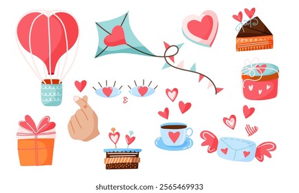 Valentine Day illustration set with hearts, gifts, kites, letter, aerostat, and treats. For holiday cards, decorations, social media posts, and love-themed projects