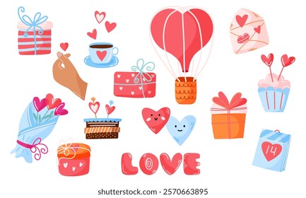 Valentine Day illustration set of romantic elements like gifts, hearts, aerostat, flowers, and sweet treats. Perfect for designing greeting cards, posters, or social media graphics