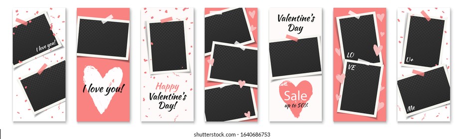 Valentine day insta stories, social media vector template with photo frames and hearts. Flyer set with bright pink and white backgrounds. Text: I love you, sale, up to 50%, Valentine's day, Happy. 