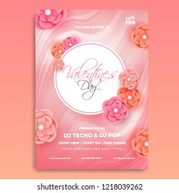 Valentine Day invitation card design, decorated with paper cut flowers and time, venue details.