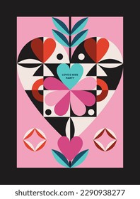 Valentine Day invitation. Geometric card with heart and pattern on background for February 14 party. Love, kisses, date concept. Abstract flyer with floral ornaments. Cartoon flat vector illustration