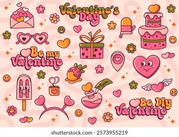 Valentine day items featuring heart cartoon character, cake, ice cream, strawberry, arrows, roses, love letter and a love potion on pink background. Groovy, rubber hose vintage style.