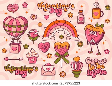 Valentine day items featuring heart cartoon character, rainbow, hot air balloon, arrows, roses, love letter and a love potion on pink background. Groovy, rubber hose vintage style.