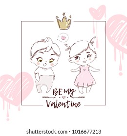 Valentine day kids love beautiful background.  Hand drawn vector design elements for fashion print, poster, sale banner, greeting card, invitation. 