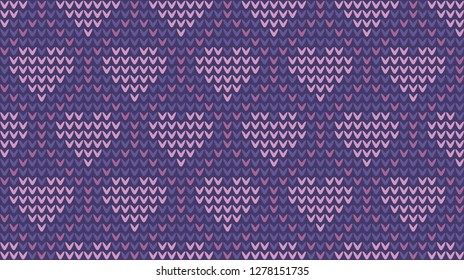Valentine Day knitted hearts motif in pink, blue colours. Ethnic allover vector pattern for interior, wallpaper, fabric, textile, surface design. British ornamental jumper knitting design.