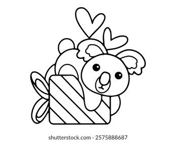 Valentine Day Koala Holding Gift Line Art