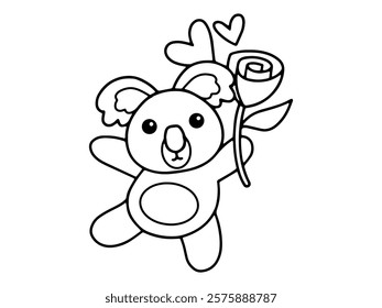 Valentine Day Koala Holding Rose Outline