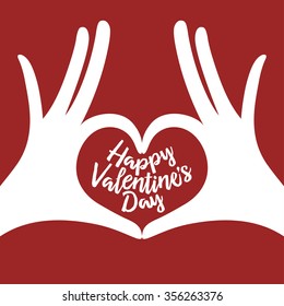 Valentine day lettering background with hands in heart gesture. Happy valentines day phrase. Minimalistic greeting card. Vector vintage illustration.