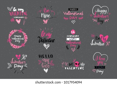 Valentine Day Lettering Design Set Hand Drawn Logos, Labels And Stickers Collection Vector illustration