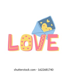 Valentine day lettering Love end envelope with a letter and hearts in flat style isolated on white background. Perfect for valentine day, wedding and birthday card, stamp. Vector stock illustration