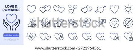 Valentine day line icon set. Heart romantic shape, love, passion, relationship, charity giving minimal vector illustrations. Simple outline signs social media. Blue duotone pictogram. Editable Stroke.