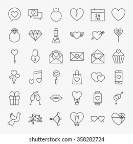 Valentine Day Line Icons Big Set. Vector Set Of 36 Wedding Love Modern Thin Outline Icons For Website And Mobile.