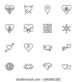 Valentine day line icons set. linear style symbols collection, Love, hearts outline signs pack. vector graphics. Set includes icons as broken heart, cupid arrow, gift box, love flags, relationship